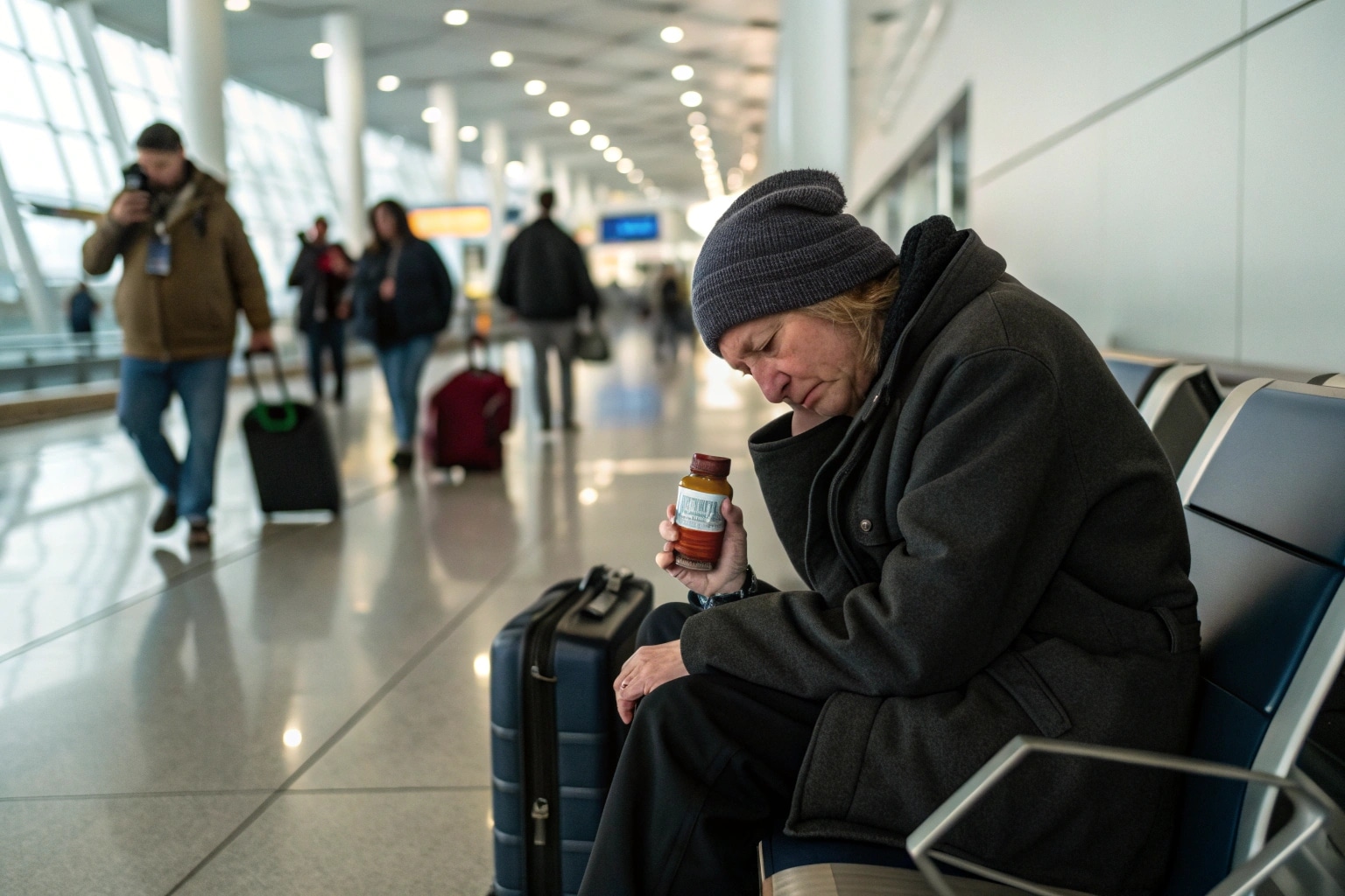 represente une personne malade qui voyage en a